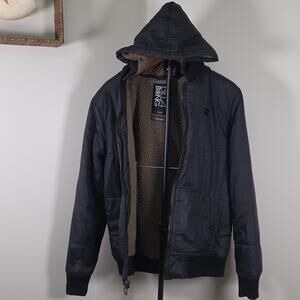 Billabong Mens M Black Sherpa Lined Nylon Bomber Jacket Hooded Embroidered